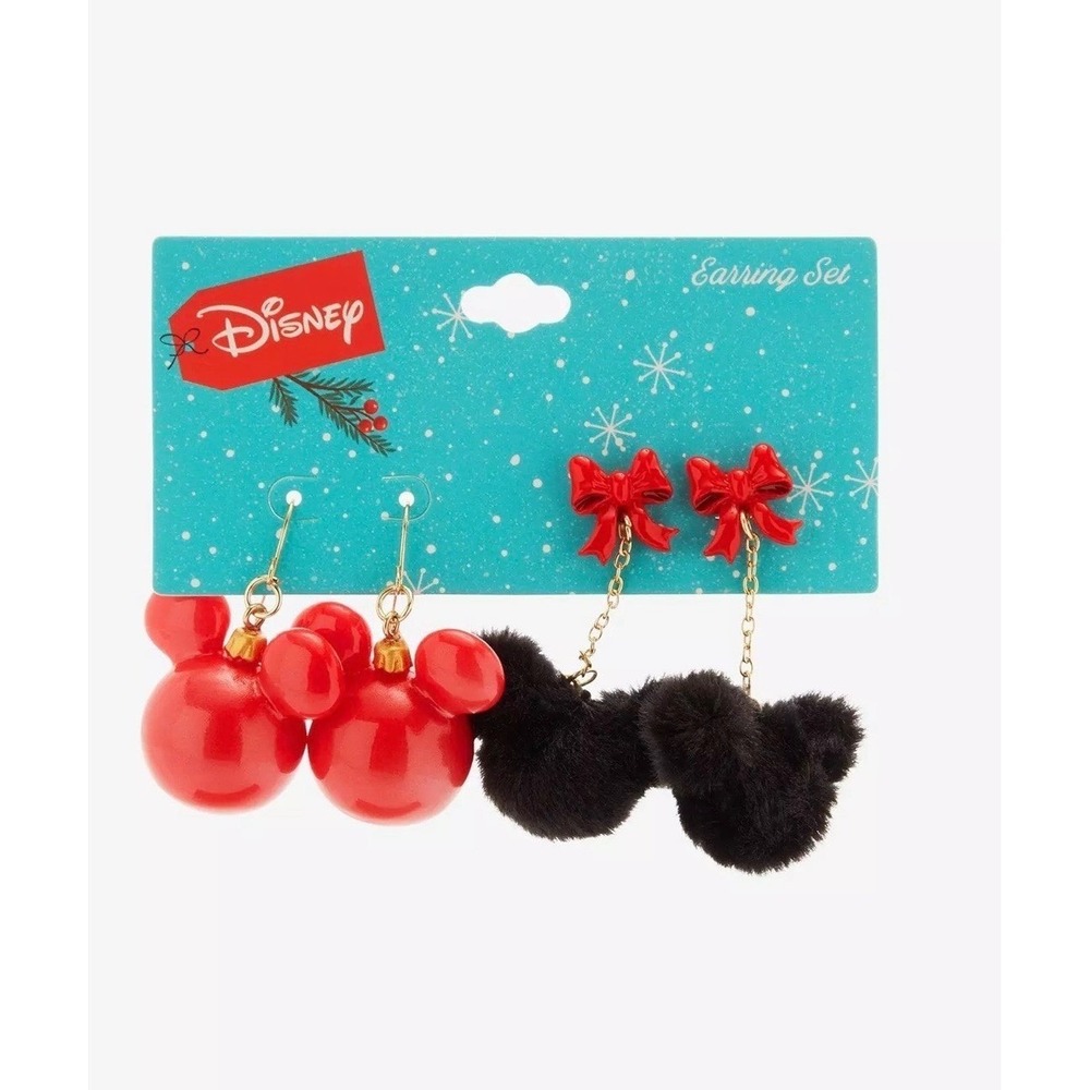 Disney Mickey Mouse Christmas Earrings Set Red Ornament & Black Fuzzy Bow 2 Pair